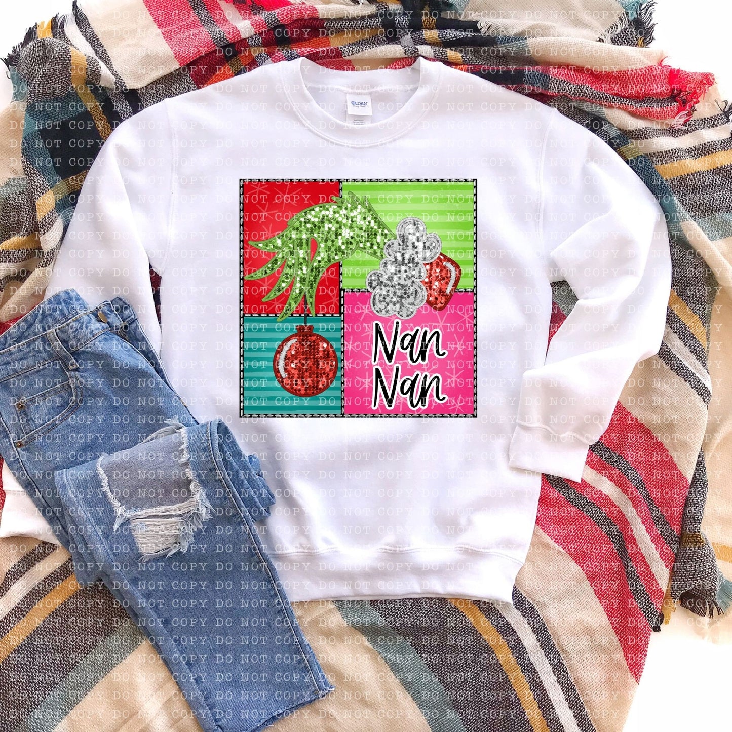 Nan Nan Green Christmas Square Faux Sequin Faux Embroidery - PNG File- Digital Download