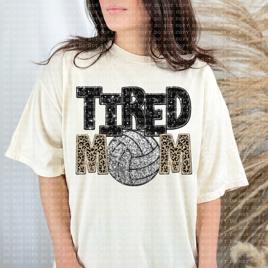 Tired Volleyball Mom Leopard Faux Sequin Faux Embroidery - PNG File- Digital Download