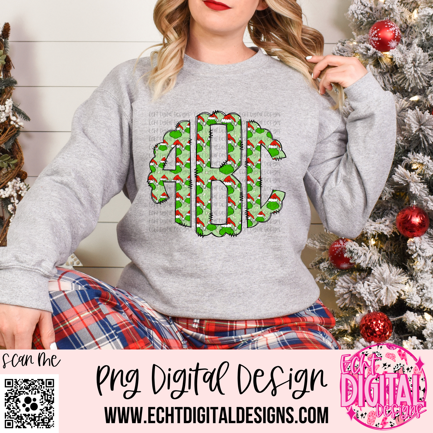 Green Christmas Round Doodle Monogram Set PNG Digital Download