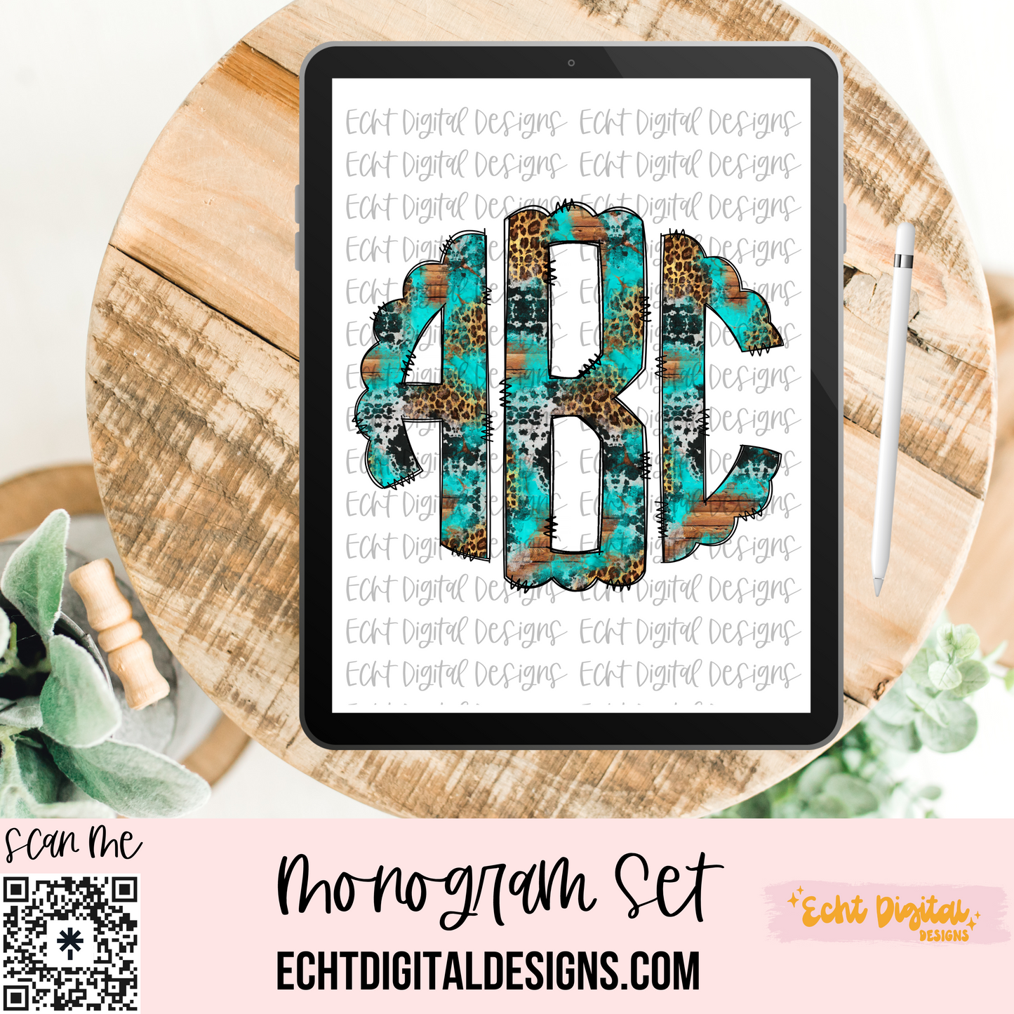 Western Round Doodle Monogram Set PNG Digital Download