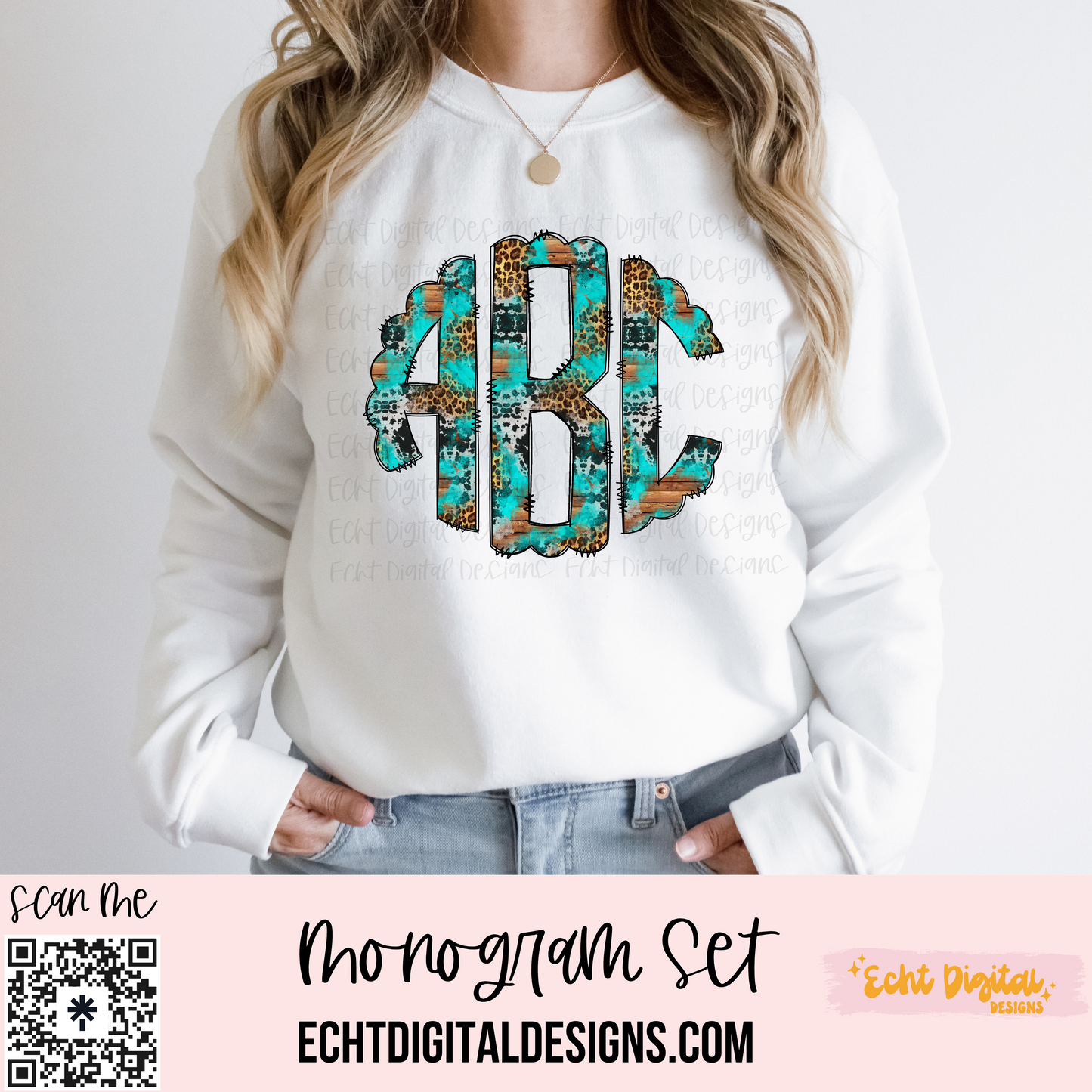 Western Round Doodle Monogram Set PNG Digital Download